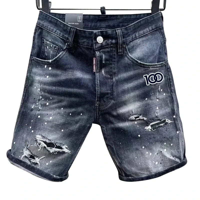 

100chareiharper d303 ripped denim shorts fashion wash micro splash Tide brand splashing ink five minute pants men slim