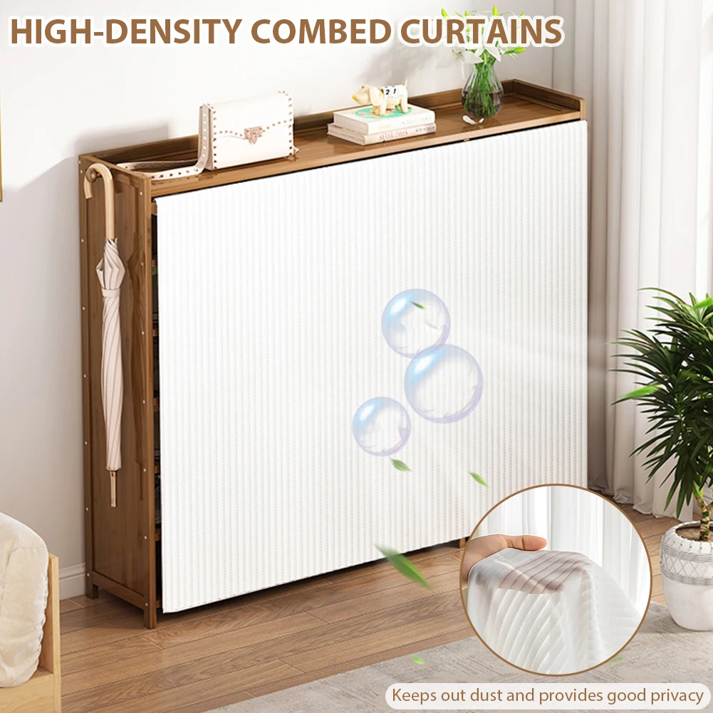 Organizzatore per armadietto a 6 livelli con tenda in garza bianca, ripiani in legno, organizer per scarpe, per ingresso, soggiorno, corridoio, porta