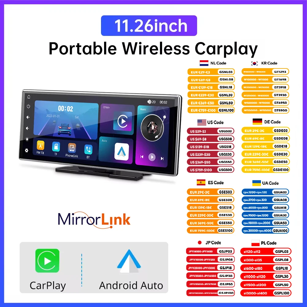 11.26inch IPS Touch Screen CarPlay Radio Multimedia Video Player Portable Wireless Carplay MP5 Player For Apple Or Android Auto