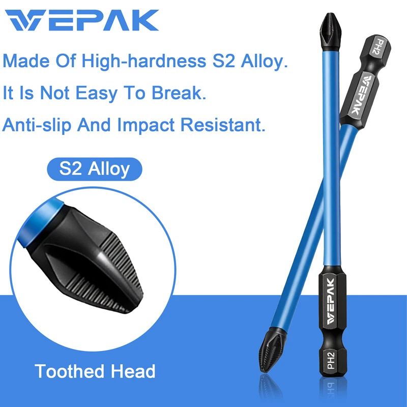 VEPAK PH2 Screwdriver Bits S2 Steel Quick‑Change Self‑Locking Bit Extension Holder Anti‑Slip Impact Driver Bits Kit
