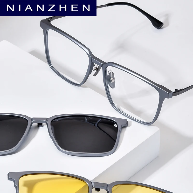 NIANZHEN Alloy Eyeglasses Frame Men Square Magnet Clip Glasses Night Vision & Polarized Lens Ultralight Eyewear 22216