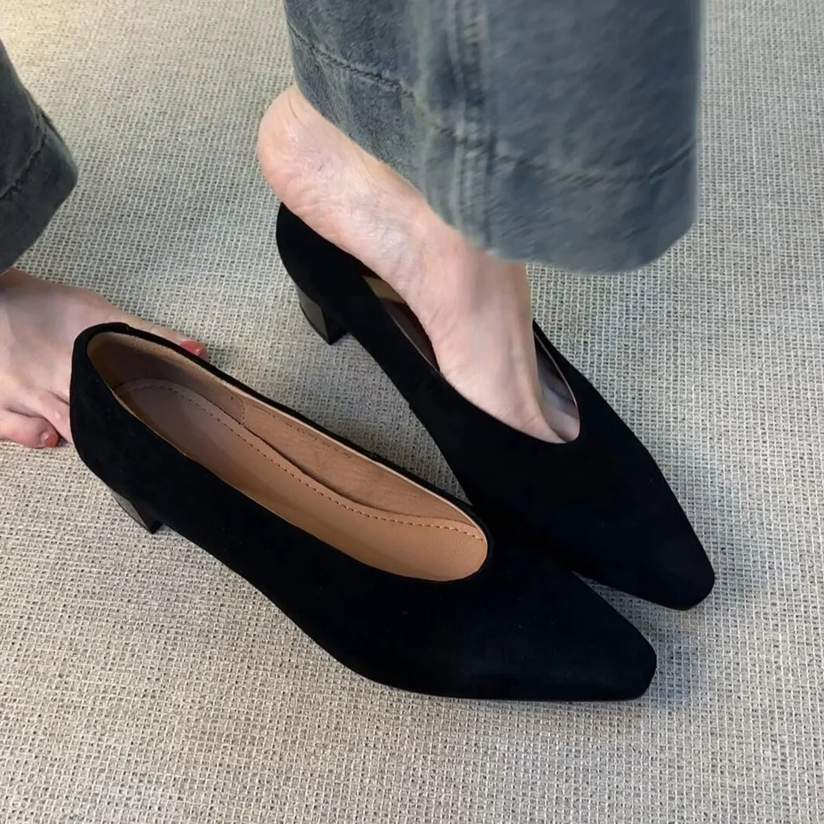 Comemore Vintage Pointed Toe Women High Heels Granny Shoes Fashion Shallow Slip on Shoes Black Suede Fashion Ladies Pumps Shoes