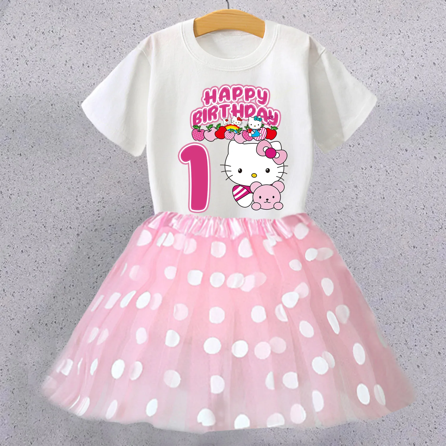 

Hello Kitty Birthday T-shirt Skirt Set for Children Cartoon Tee Girls Tee Pink Skirts Suit Fashion Short Sleeve Clothes kid Gift