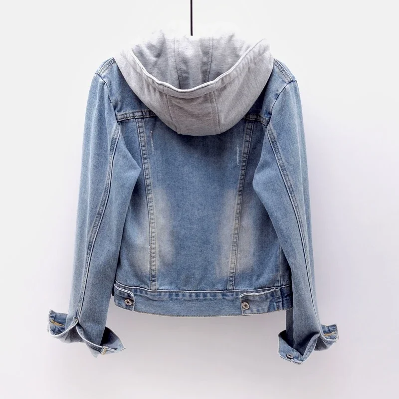 Giacca di jeans a maniche lunghe con tasca staccabile con cappuccio Giacca da donna slim corta da cowboy Capispalla Autunno Vintage Giacca di jeans blu Cappotto femminile