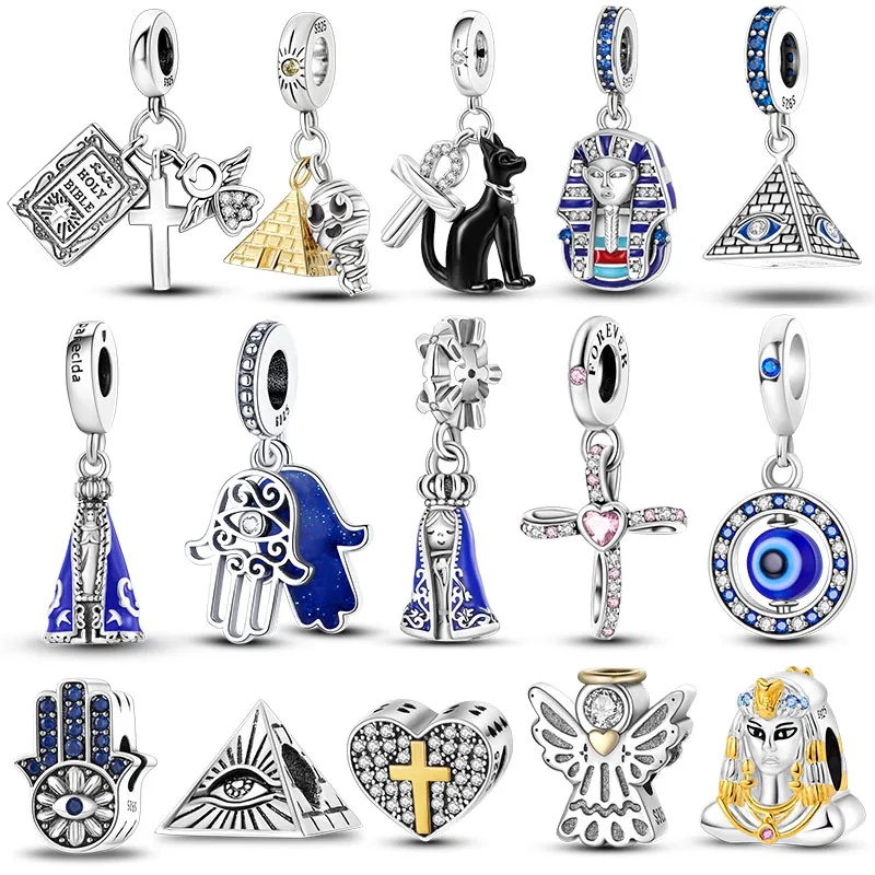 925 Sterling Silver Dangle Charms Cross Angel Pyramid Pharaoh Baeds Fit Original Pan Bracelet Diy Jewelry Charms