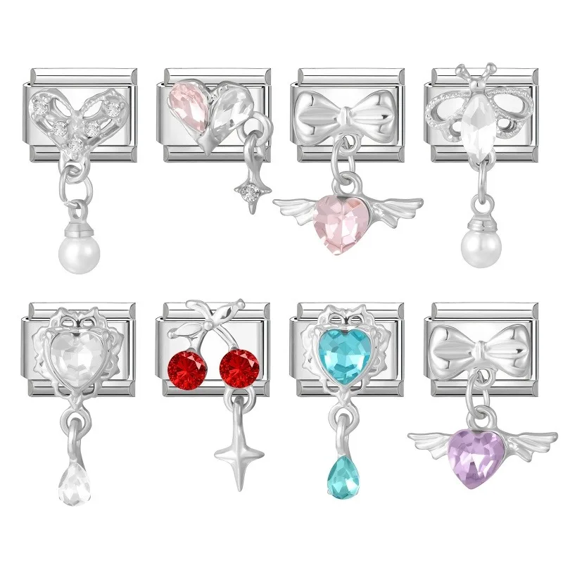 Red Cherry Shiny Crystal Zircon Purple Heart Pendants Italian Charm Links Y2K Fit 9mm Stainless Steel Bracelet Jewelry DIYMaking