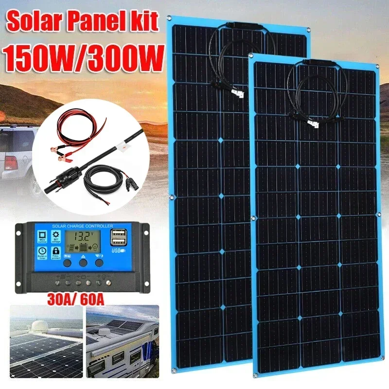 150W 300W 18V Flexible Solar Panel Kit With 30A/60A Controller High Efficiency Solar Battery Charger System forHomeCar RV Camper