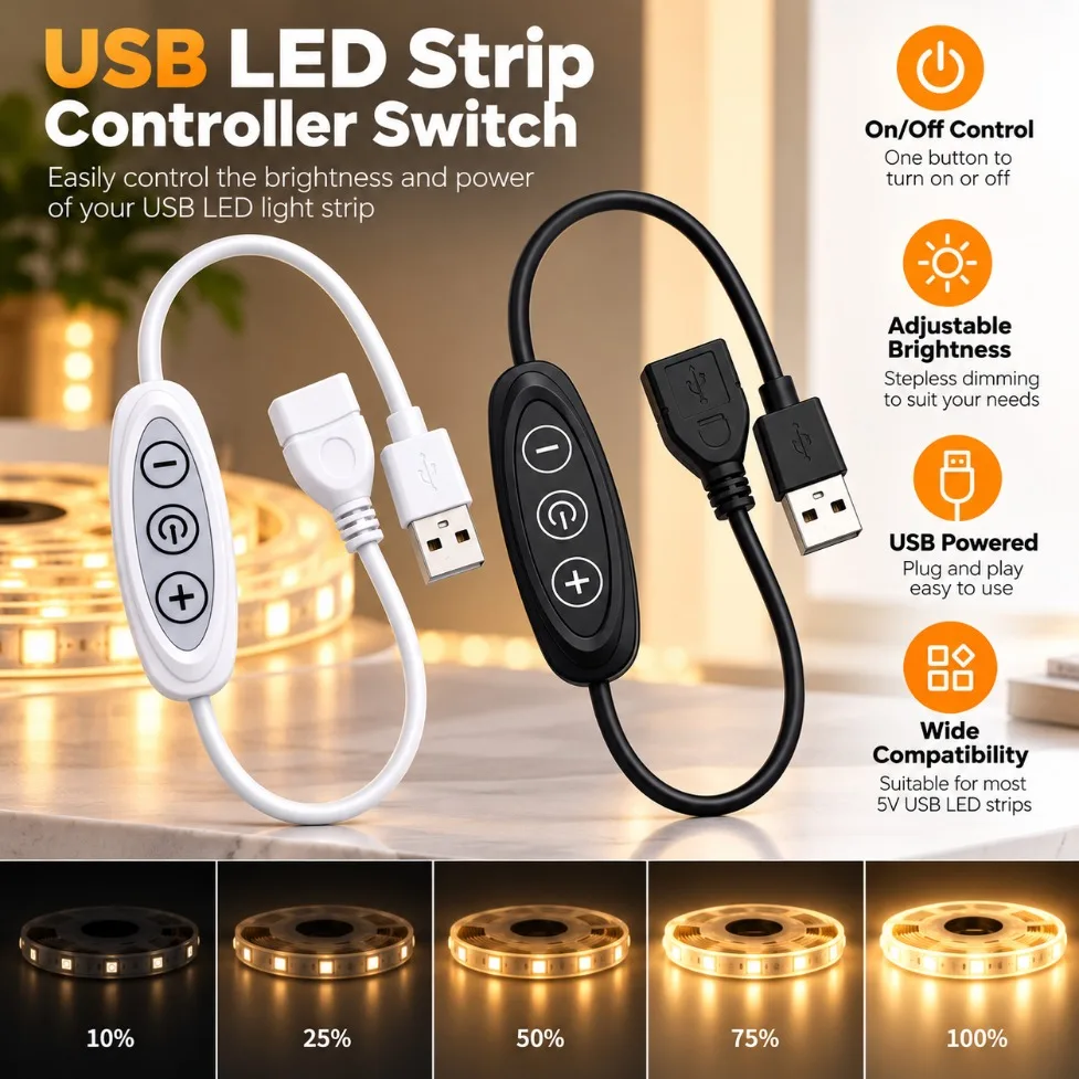 USB 3 Key LED Dimmer Switch Cable DC5V 2A Inline Controller 8 Level Brightness Adjustment for LED Strip Light Desk Lamp Lighting