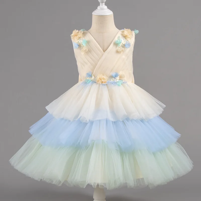 

Summer New Girls' Rainbow Three-Dimensional Petal Mesh Cake Skirt Princess Skirt Children's Color Blocked Sleeveless Dress