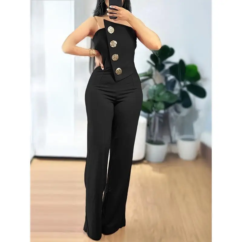 Elegant Asymmetric Metallic Women's Jumpsuit Low Waist Five-Quarter Pants Summer 2025 Ladies' Fashion Casual Wear