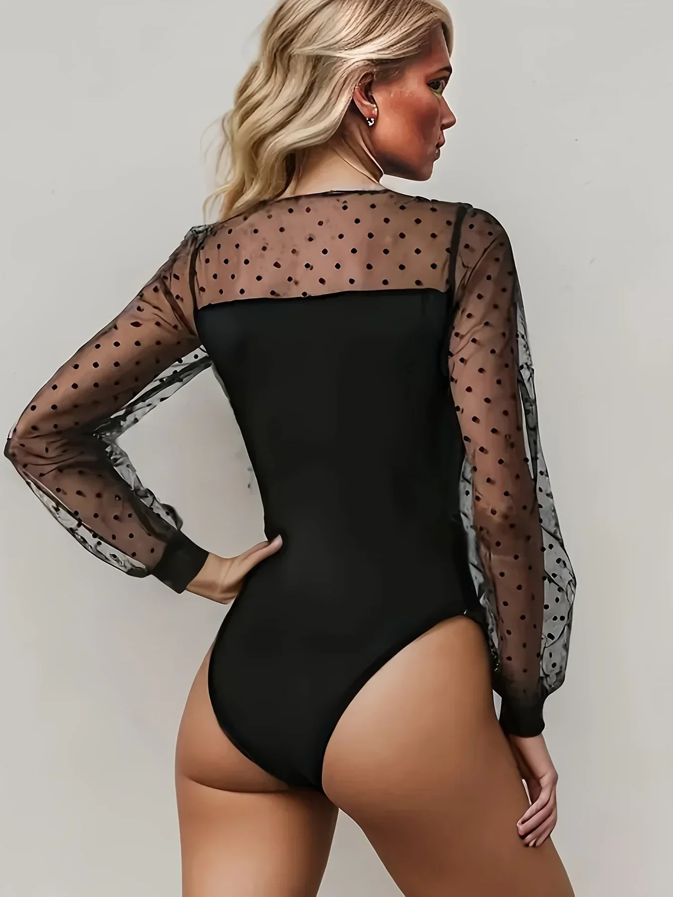 one piece Polka Dots Contrast Mesh Bodysuit - Women\'s Crew Neck Long Sleeve Top romper  bodysuits  bodysuits  rompers