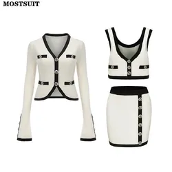 Vintage Elegant Knit 3 Piece Skirt Sets Outfits For Women Long Sleeve Cardigan + Vest + Mini Skirt Stylish Matching Set 2024