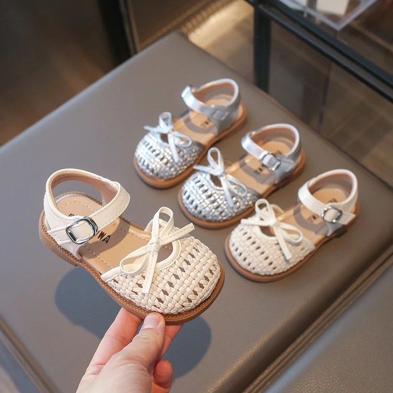 

Baby Girls Casual Sandals Summer Children Beach Shoes Anti Slip Soft Sole Toddler Kids Sandals Bow Woven Princess Shoes