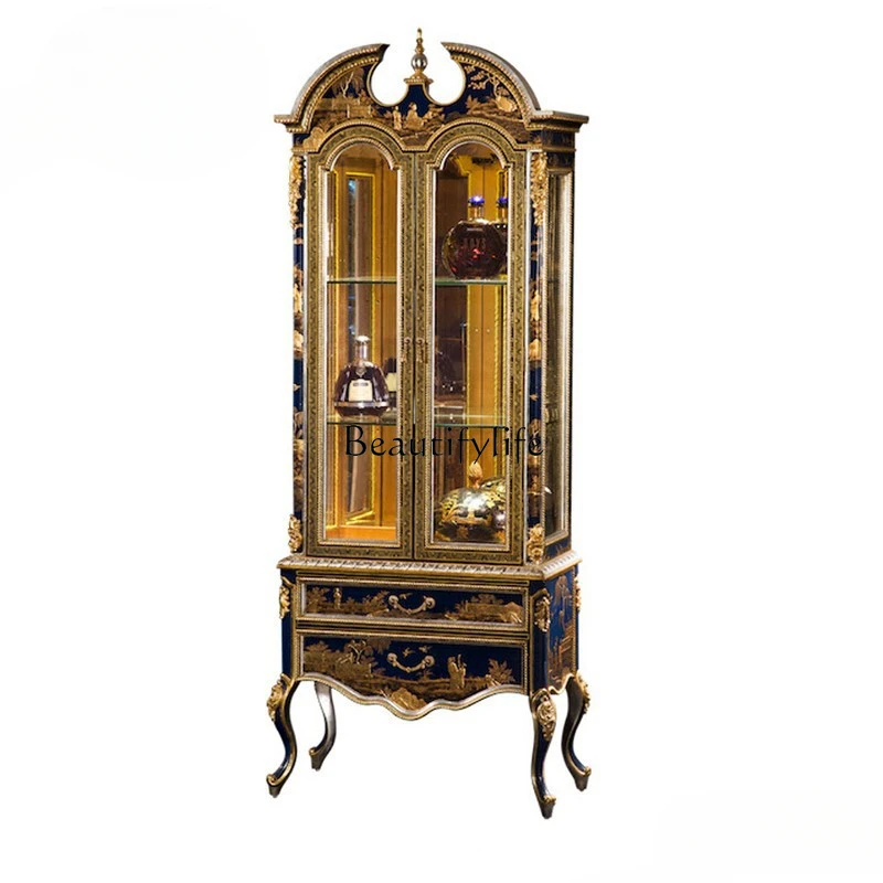 French Chinese Style Golden Hand-Painted Character Landscape Double Door Wine Cabinet