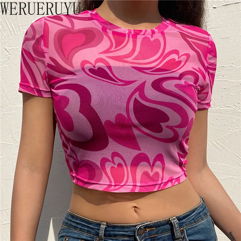 New Sexy Mesh Crop Top Women T Shirt Summer Short Sleeve Transparent Aesthetic Pink Graphic Tshirts Korean Fashion Clothes 2022
