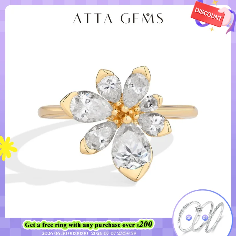 

ATTAGEMS 925 Sterling Silver Luxury Women Ring Flowers D VVS1 Moissanite Pear-cut Engagement Band Anniversary Gift Fine Jewelry