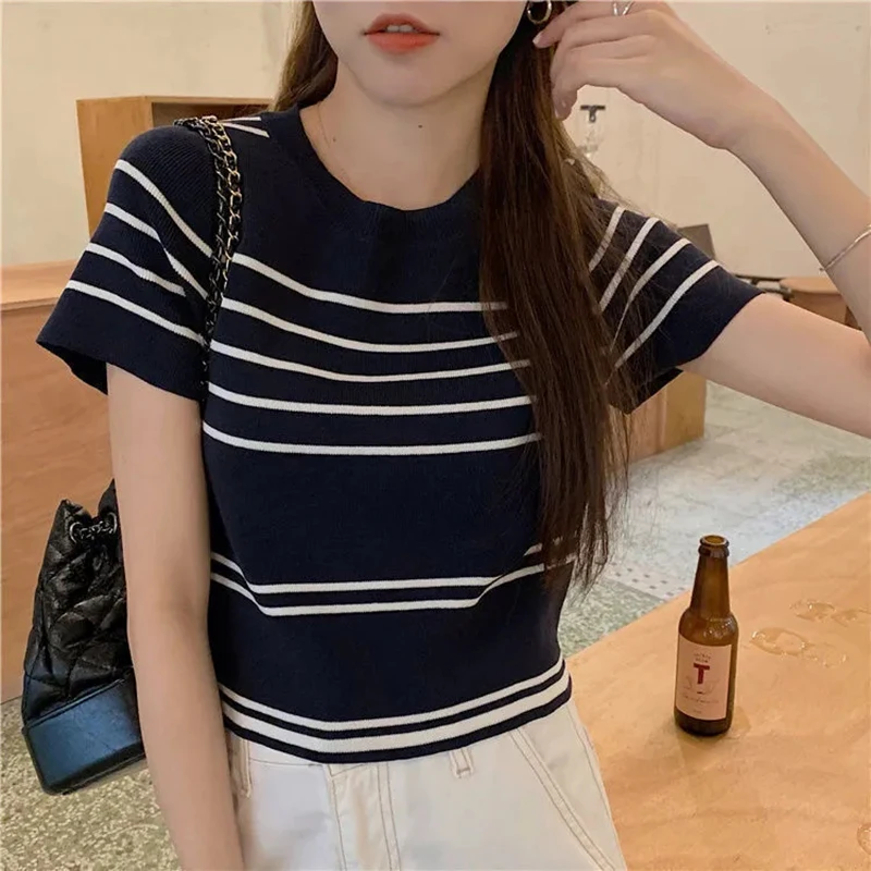 Summer Plus Size 3xl Stripe Short Sleeve Knitted Sweaters Korean Loose O-neck Streetwear Pullover Sweater Simple Women Clothing