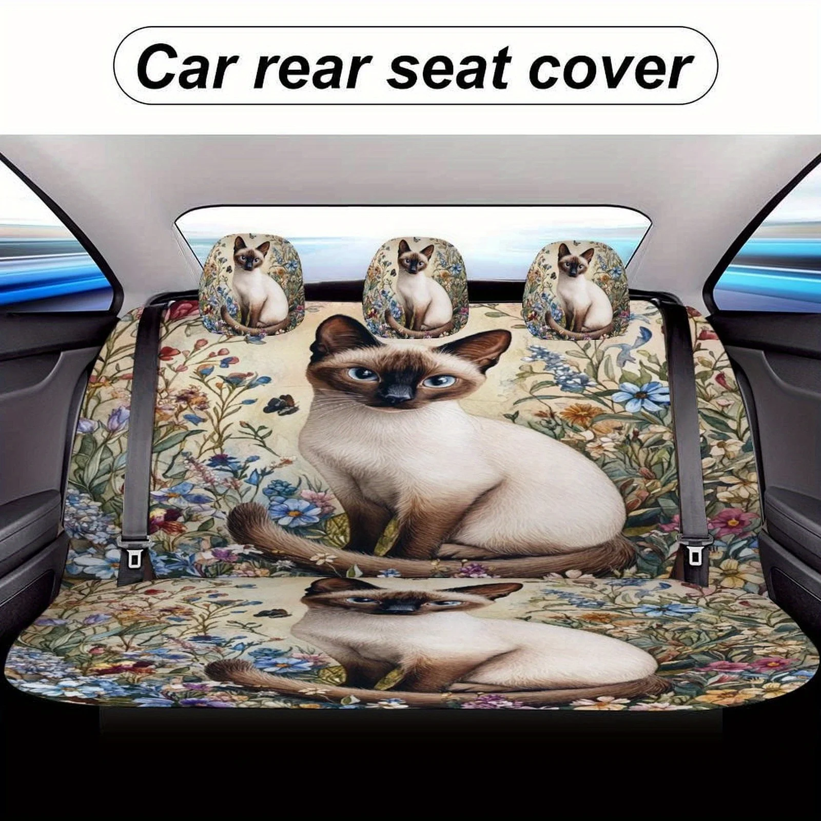 Set Of Car Seat Covers Featuring Siamese Cat Flowers, Suitable For Various Vehicles. Stylish And Unique, This Complete Set Inclu
