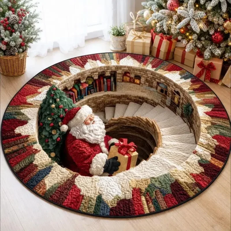3D Optical Illusion Santa Claus Rug, Machine Washable Non-Slip Carpet, Soft Round Living Room Mat, Xmas Party Decor