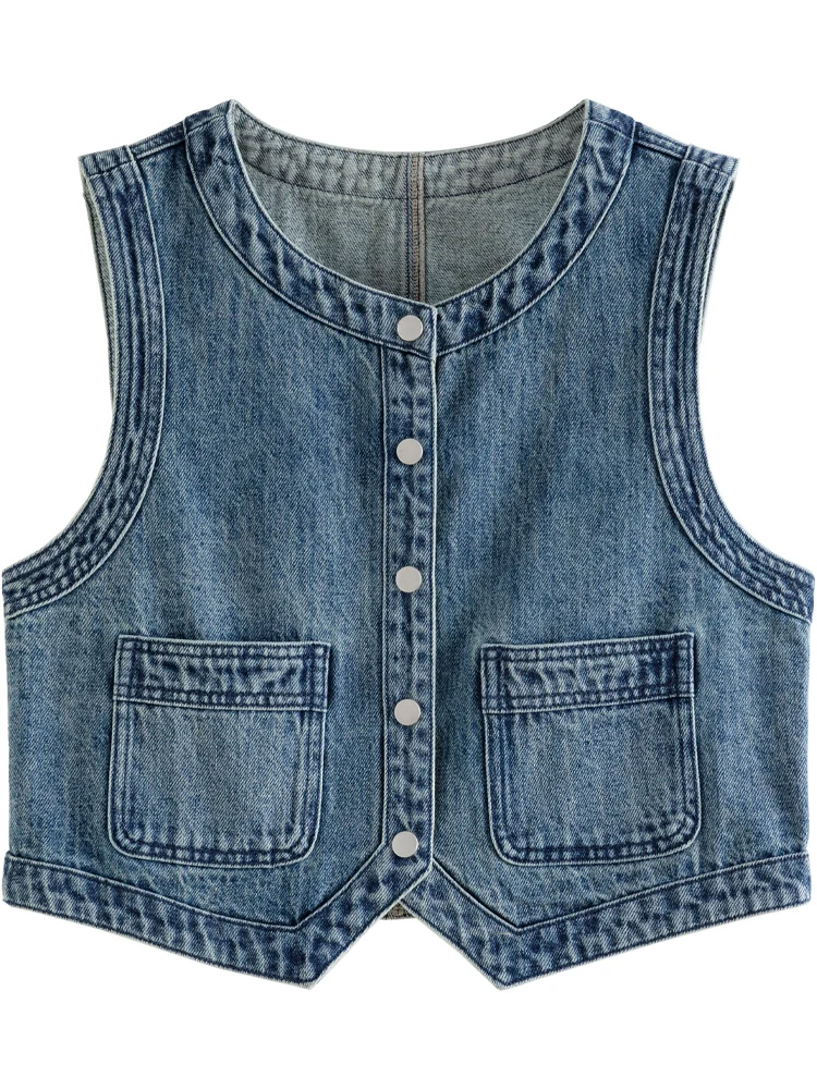 DUSHU Modern Retro Denim Vest Jacket for Women Spring Niche Style High-street Sense Versatile O-neck Vest Female 24DS81042