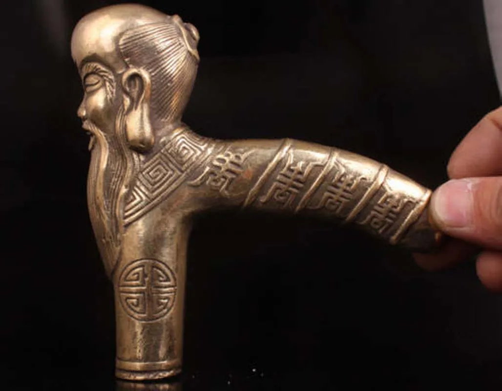 

Asian Old Hand Bronze Carved Buddha Sage Statue Walking SticK Head
