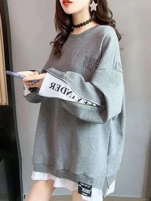 

Women's Long Sweatirt with Print Lettering Cleanfit Sle A-Line Sve Thin Non-Sinking Poly Fabric ort Sve irt