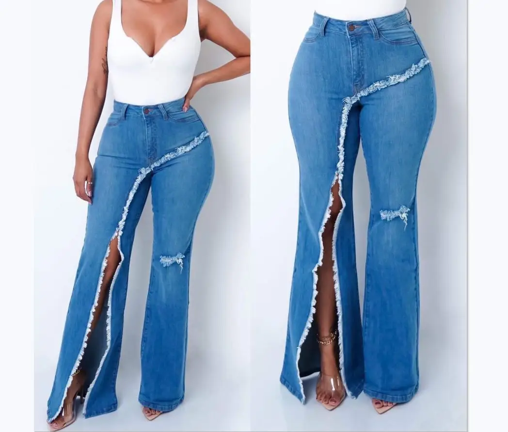 

Street Pants Personalized Straight Jeans Elastic Jeans women's Perforated Pants Fashion Casual Pants