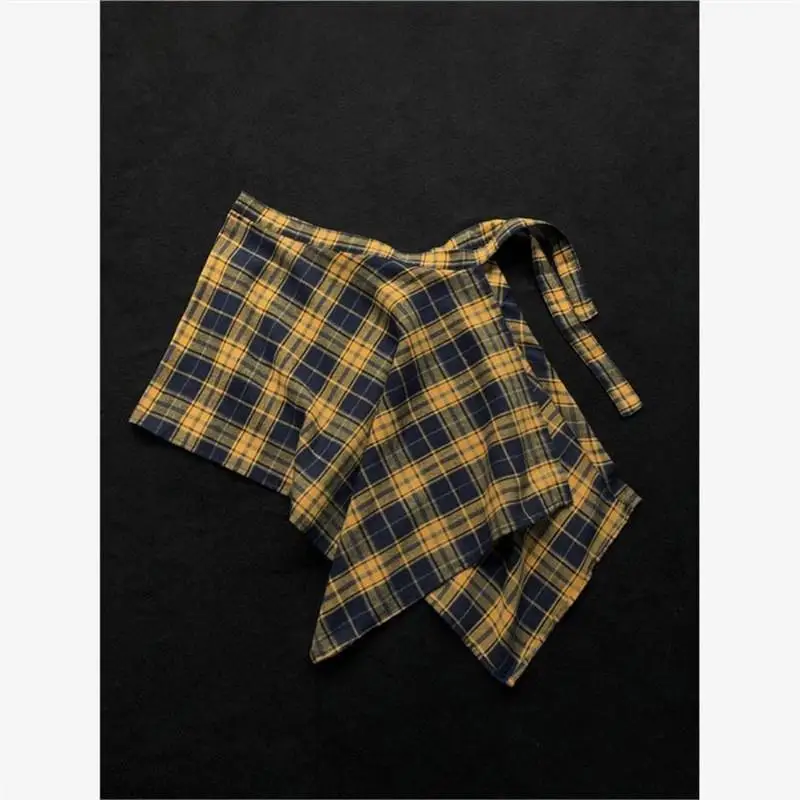 กระโปรงลายสก็อตสีเหลืองสไตล์เกาหลีสำหรับฤดูร้อน กระโปรงคลุมสะโพกแบบมีเข็มขัดสำหรับผู้หญิง ป้องกันแสงแดด เหมาะสำหรับเต้นรำและใช้เป็นผ้าคลุมก้น