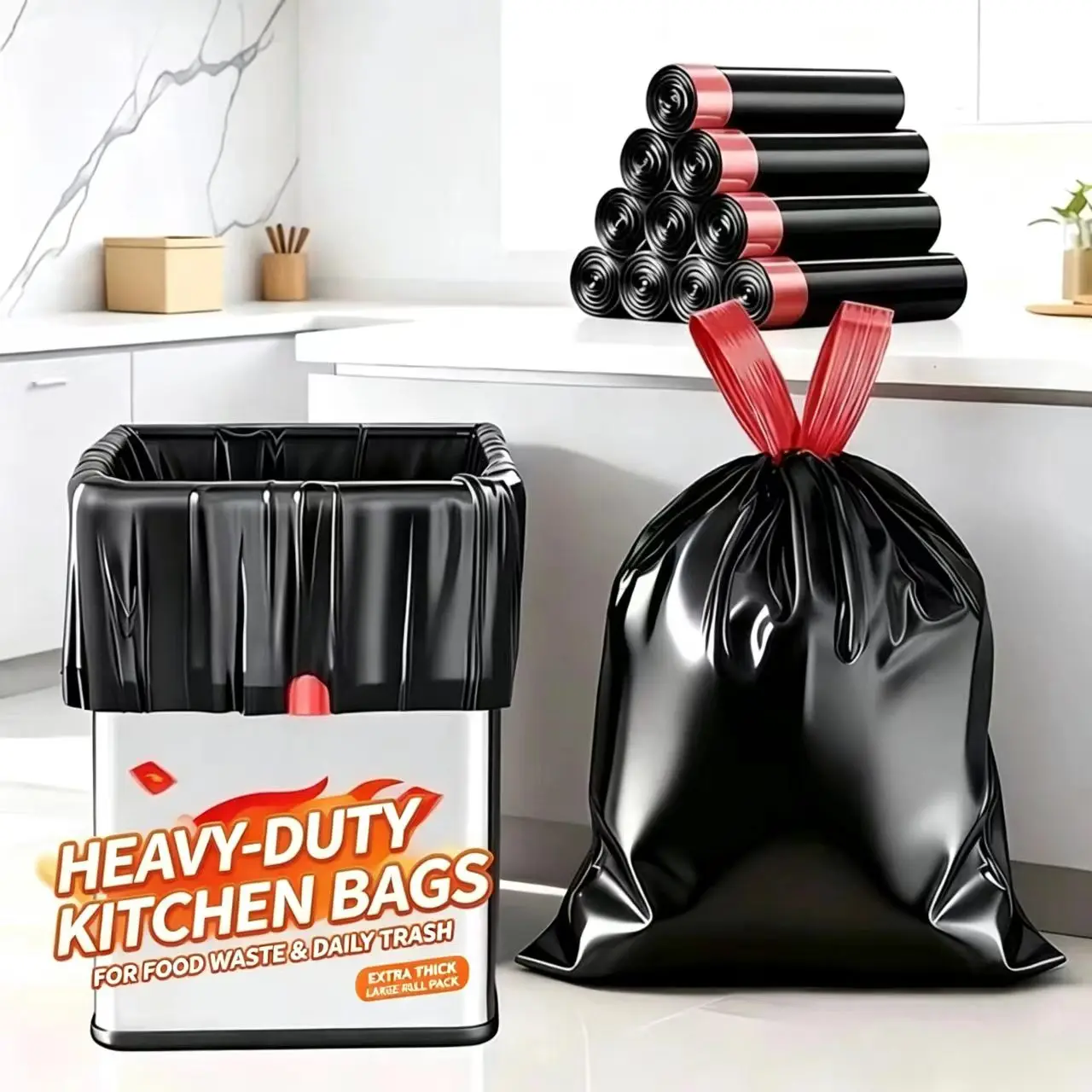 Thick-duty portable garbage bags – plastic bags with pull strings, suitable for use in kitchens and dormitories at home.
