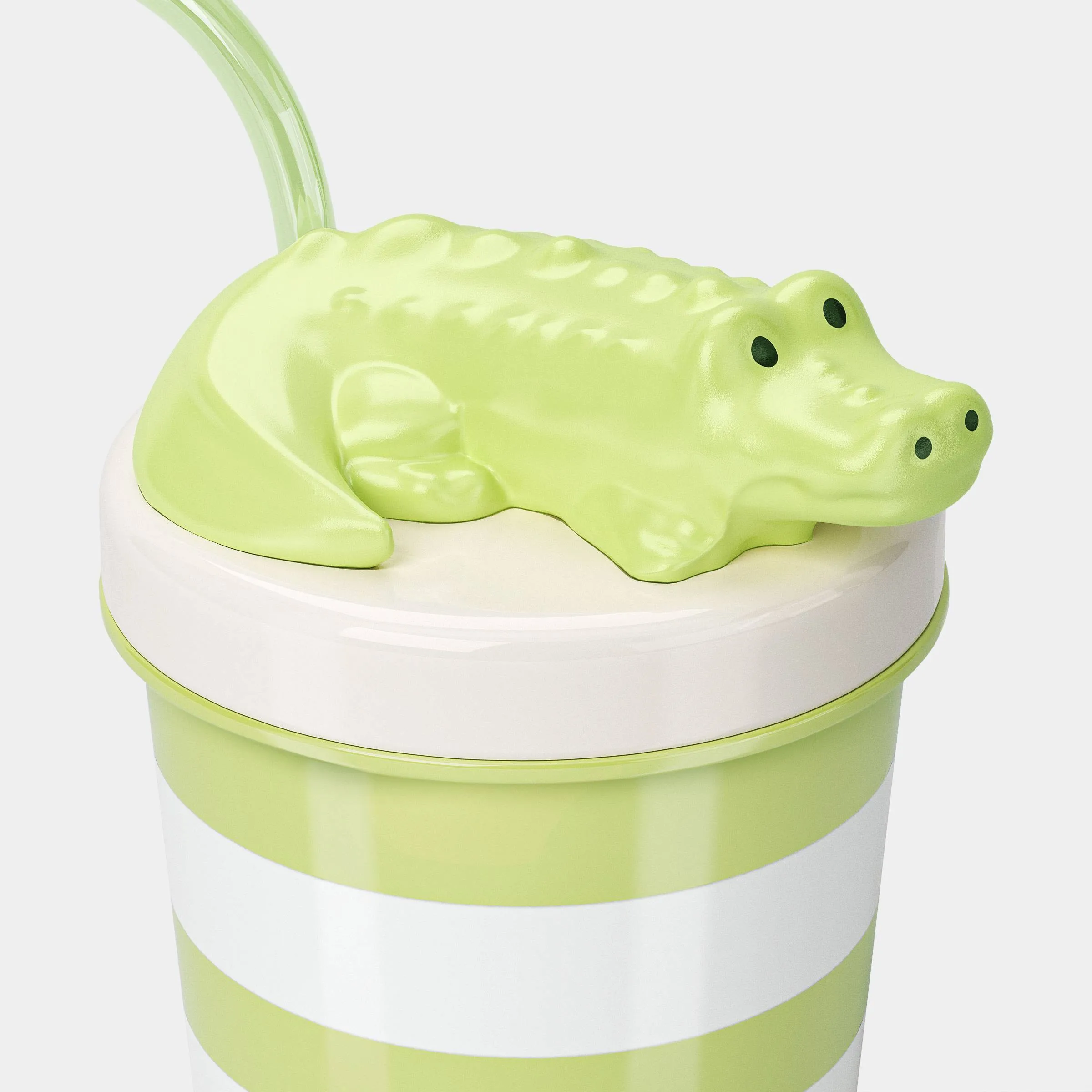 2026 New 16 Fl oz Green Striped Crocodile Figural Plastic Tumbler With Matching Straw & Lid Cute Cartoon Croc Print Portable Cold Drink Cup For Summer Beach Outdoor Daily Use Simple Hand Wash Clean