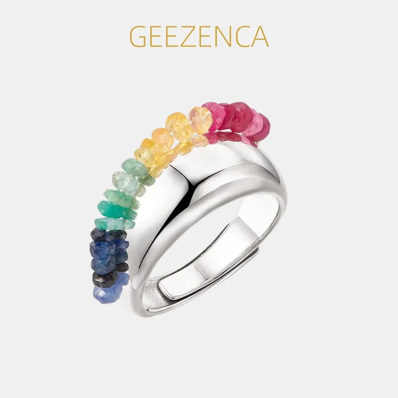 GEEZENCA 925 Sterling Silver Lapis Lazuli Tourmaline Open Statement Ring Women Simple Trendy  Adjustable Dome Rings Party Gift