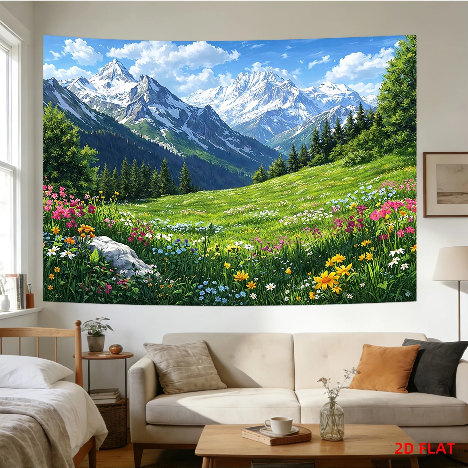 Large Alpine Landscape Floral Meadow Tapestry Wall Hanging Bohemian Mountain Scenery Art Print Decor