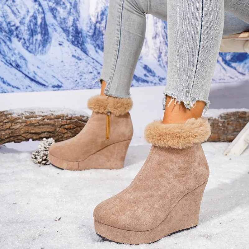 

Winter Hot Selling New Round Toe Side Zip Platform Non-Slip Suede High Heel Booties Wedge Cotton Shoes