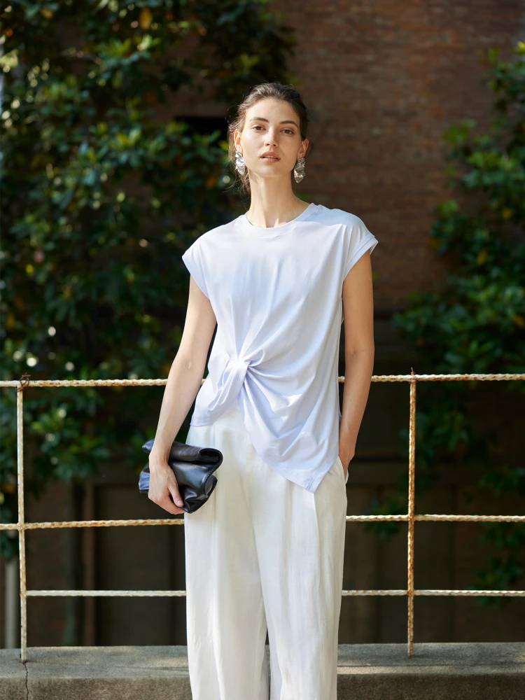 

Футболка Moofeel Blue с коротким рукавом, укороченная, тонкая, летняя, хлопковая, с круглым вырезом, асимметричная, декоративная, однотонная, для повседневной носки