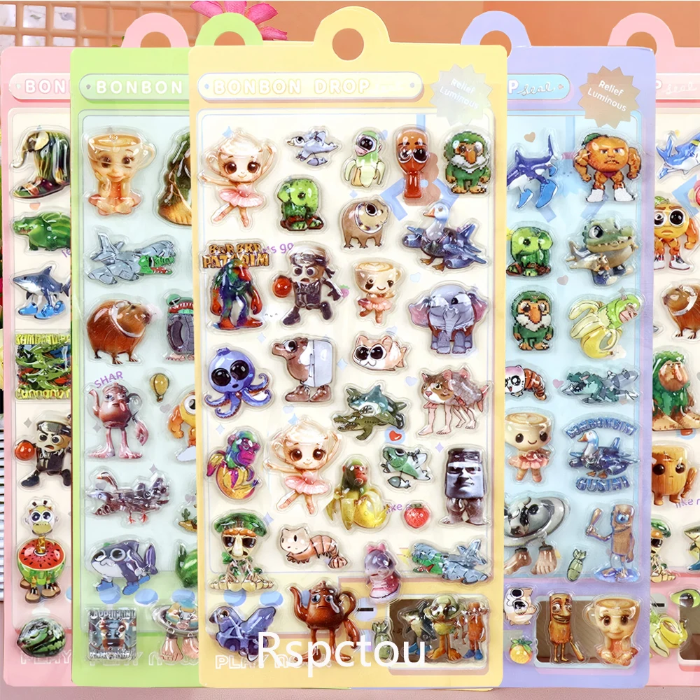 

4pcs Cartoon Abstract Animals 3D Relief Stickers Tung Tung Sahur Funny Italian Brainrot Bubble Sticker DIY Helmet Notebook Phone