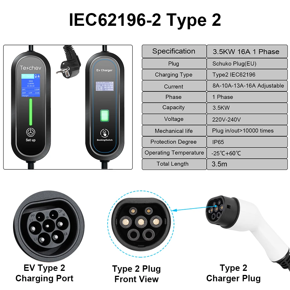Teschev 220V 230V J1772 Type1 EV Charger 3.5kW Type2 Portable Charging Cable 16A EVSE GBT Charging Station For Electric Vehicles