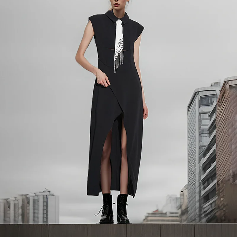 

Premium lapel hollow split temperament black dress tie slim dress fashion simple luxury temperament elegant high-end resort styl
