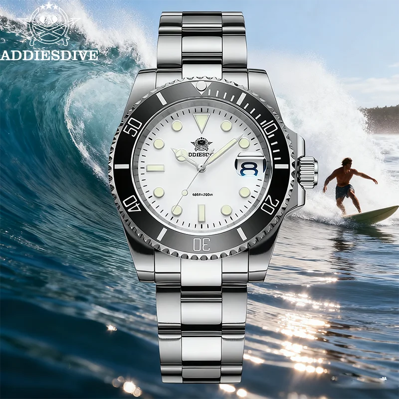 Addiesdive ساعة كوارتز رجالية 41 مللي متر الحافة السيراميك الفولاذ المقاوم للصدأ مضيئة التقويم 20Bar مقاوم للماء ساعة عادية الساعات الفاخرة