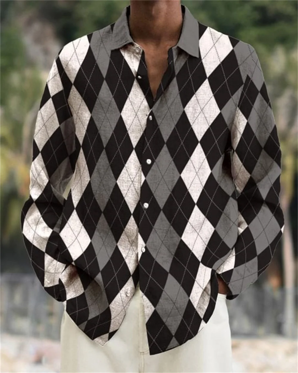 2023 New Fashion Men's Casual Polo Collar Long Sleeve Shirt Checkered High Definition Printing Soft Healthy Material Top