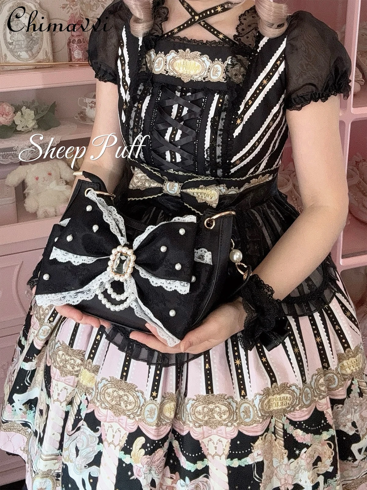 New 2025 Original Sweet Girl's Cute Big Bow Lolita Crossbody Bag Women's Pearl Chain Pink Princess Handbag Lo Shoulder Bags