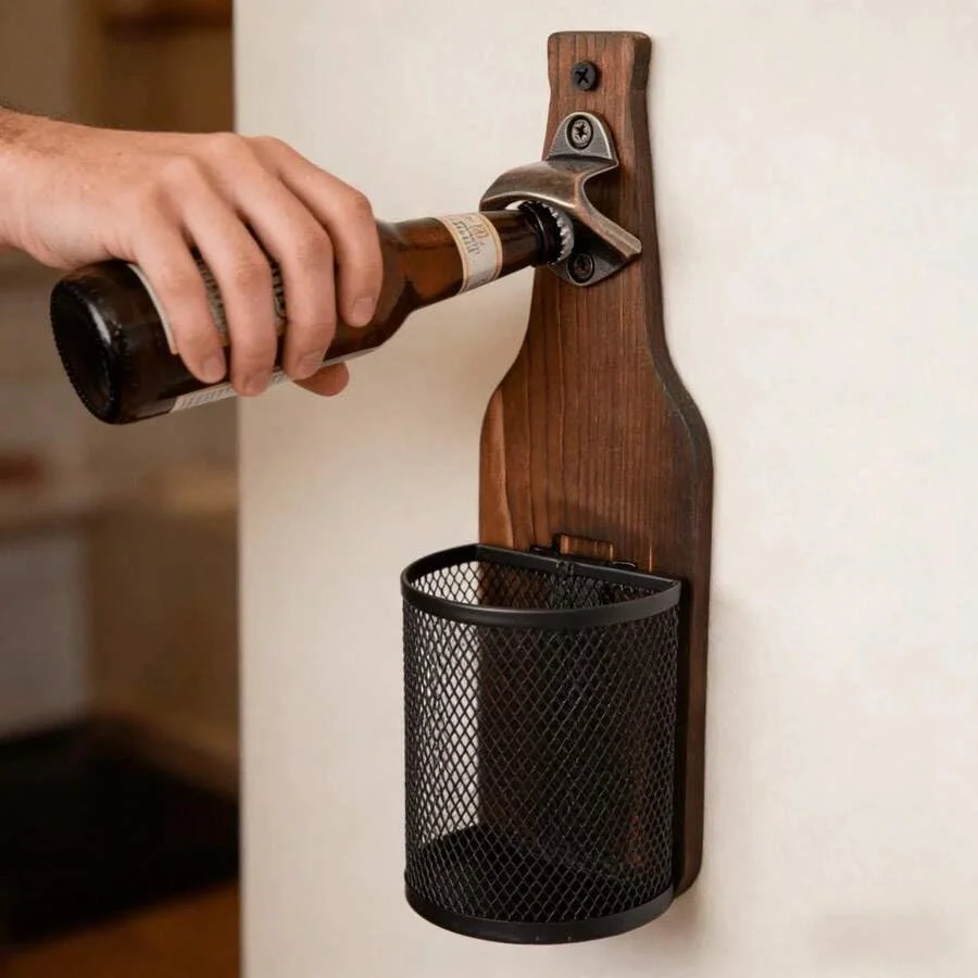 Wandmontierter Holz-Flaschenöffner mit Netz-Kappenfänger, Rustikaler Flaschenöffner für Hausbar, Küche & Outdoor-Nutzung, Ideales Geschenk – Detail 6