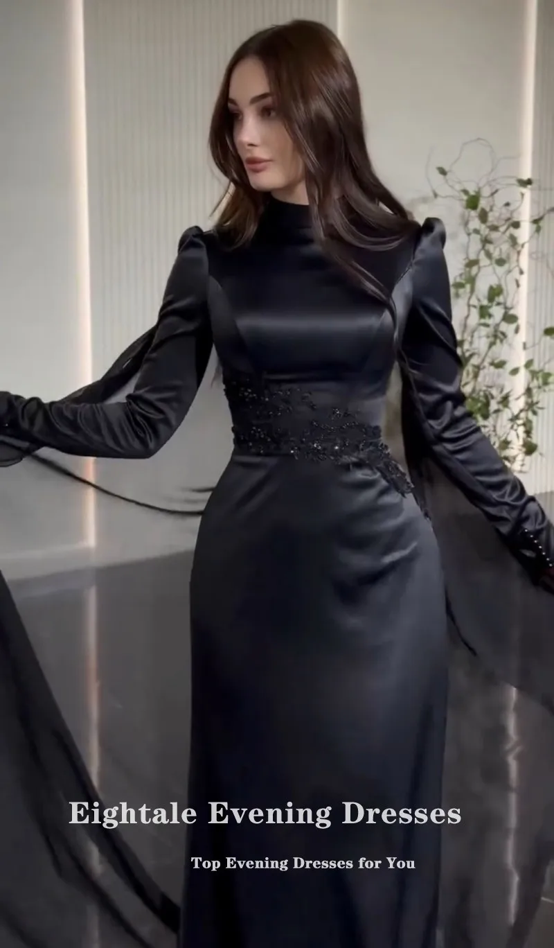 Eightale Arabic Wedding Dress Customized Black Appliques Bridal Gown Long Sleeves Muslim Mermaid Floor Length Bride Party Dress