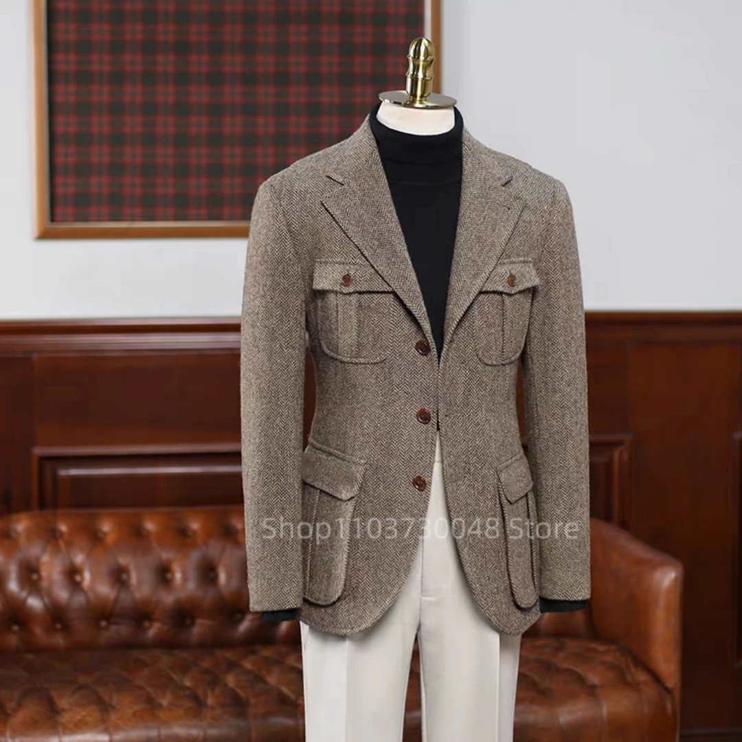 

Fashion Notched Lapel Brown Herringbone Business Suit Jacket XS-6XL Man Blazer Formal Party Prom Tuxedos Custom Suit One Coat