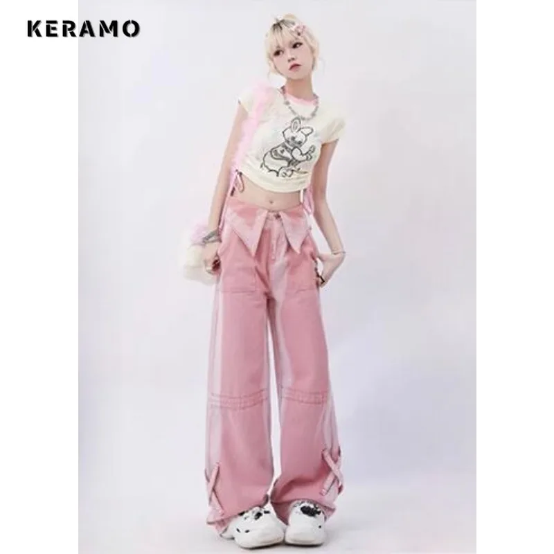 Imagem -04 - Calça Jeans Solta de Cintura Alta Feminina Harajuku Doce Y2k Perna Larga Larga Larga Calça Jeans Estilo Rua Alta Rosa Outono Inverno 2023