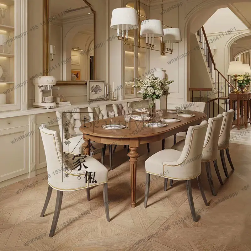 

French retro solid wood dining table medieval villa dining room oval dining table can be customized furniture