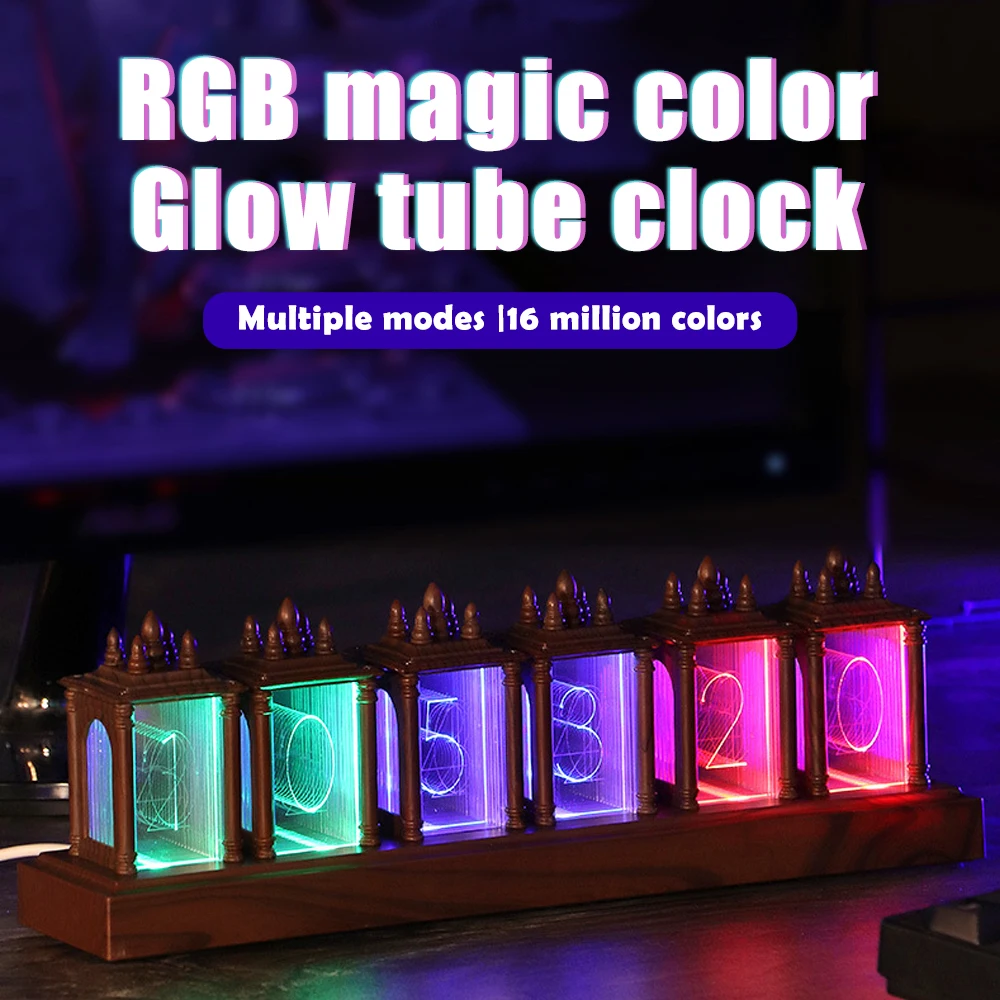 D2 Vintage Digital Tube Clock Night Light 12/24 Hour Format Alarm Clock Automatic Page Flipping RGB Digital Display Desk Decor