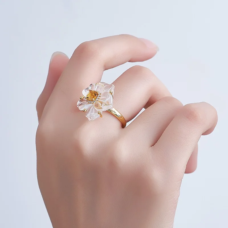 Natural Clear Quartz Citrine Gemstone 925 Sterling Silver Camellia Adjustable Ring Daily Gala Luxury Fine Jewelry Gift For Women