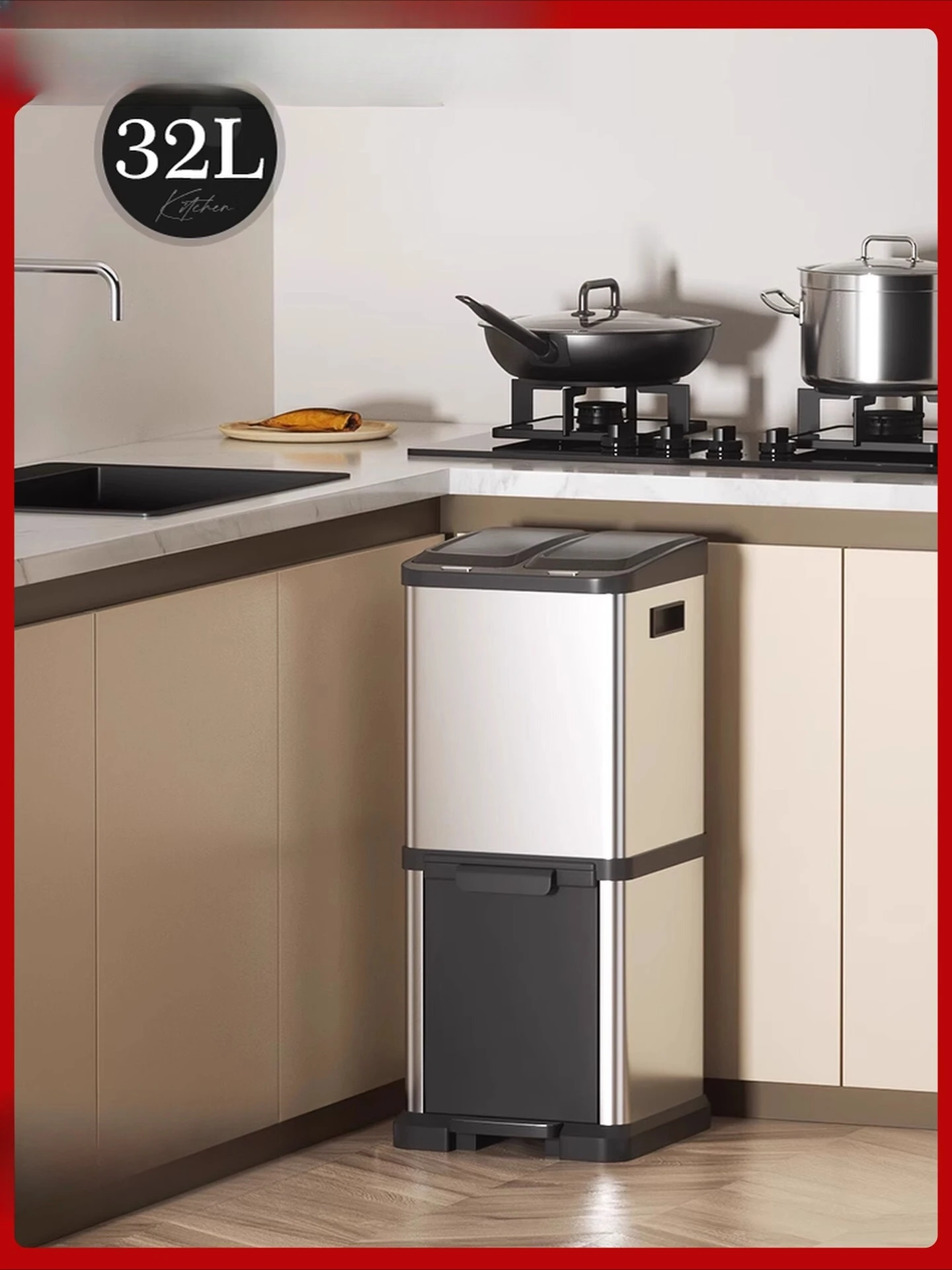 

Kitchen waste bin, household dry and wet double-layer cabinet style, tall stainless steel, foot pedal with lid, large capacity.