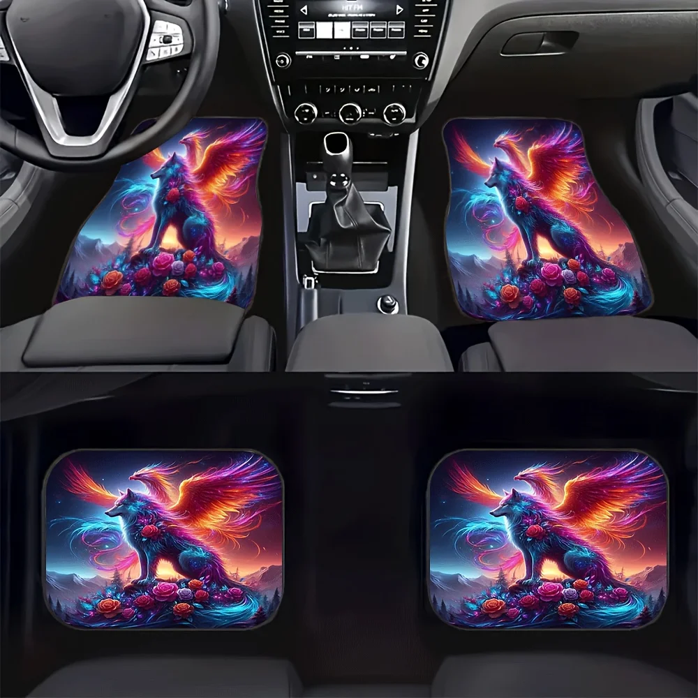 4pcs Wolf & Fire Car Floor Mats | Neon Glow-In-The-Dark Design, Fit For All Vehicles, Durable Polyester Material, Vibrant Fantas