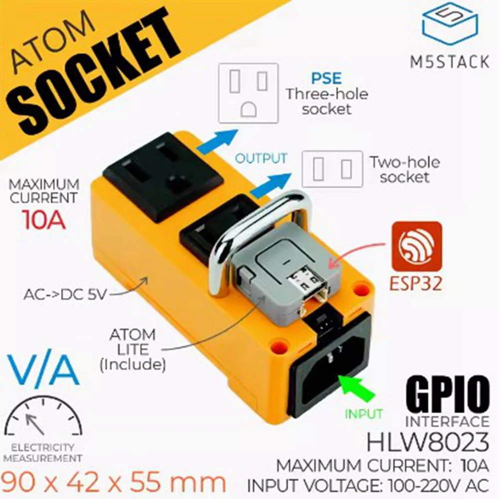 

M5Stack ATOM Socket Smart power socket HLW8032 Electric energy metering daily standard socket